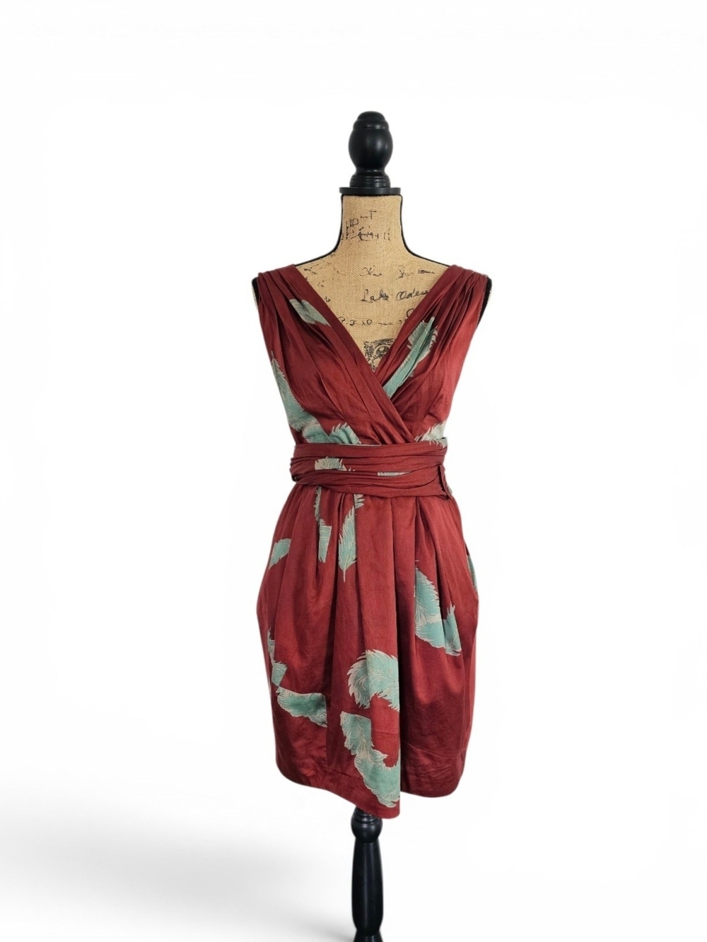 Marc Jacobs Maroon Feather Print Boho Low Back Halter Mini Dress, Size 6